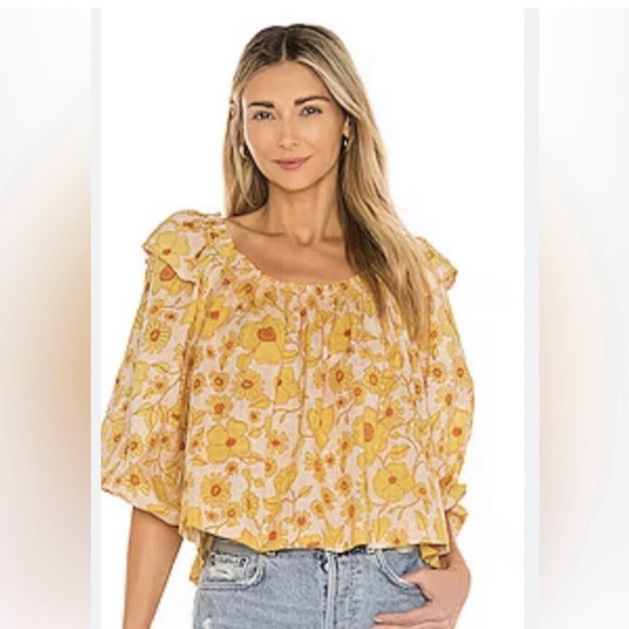 Free People Tops - FREE PEOPLE MISS DAISY RUFFLE PRINT COTTON BLOUSE SIZE LARGE YELLOW IVORY